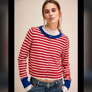 Free People Striped Red/blue Wool/Cashmere Cardigan Size large